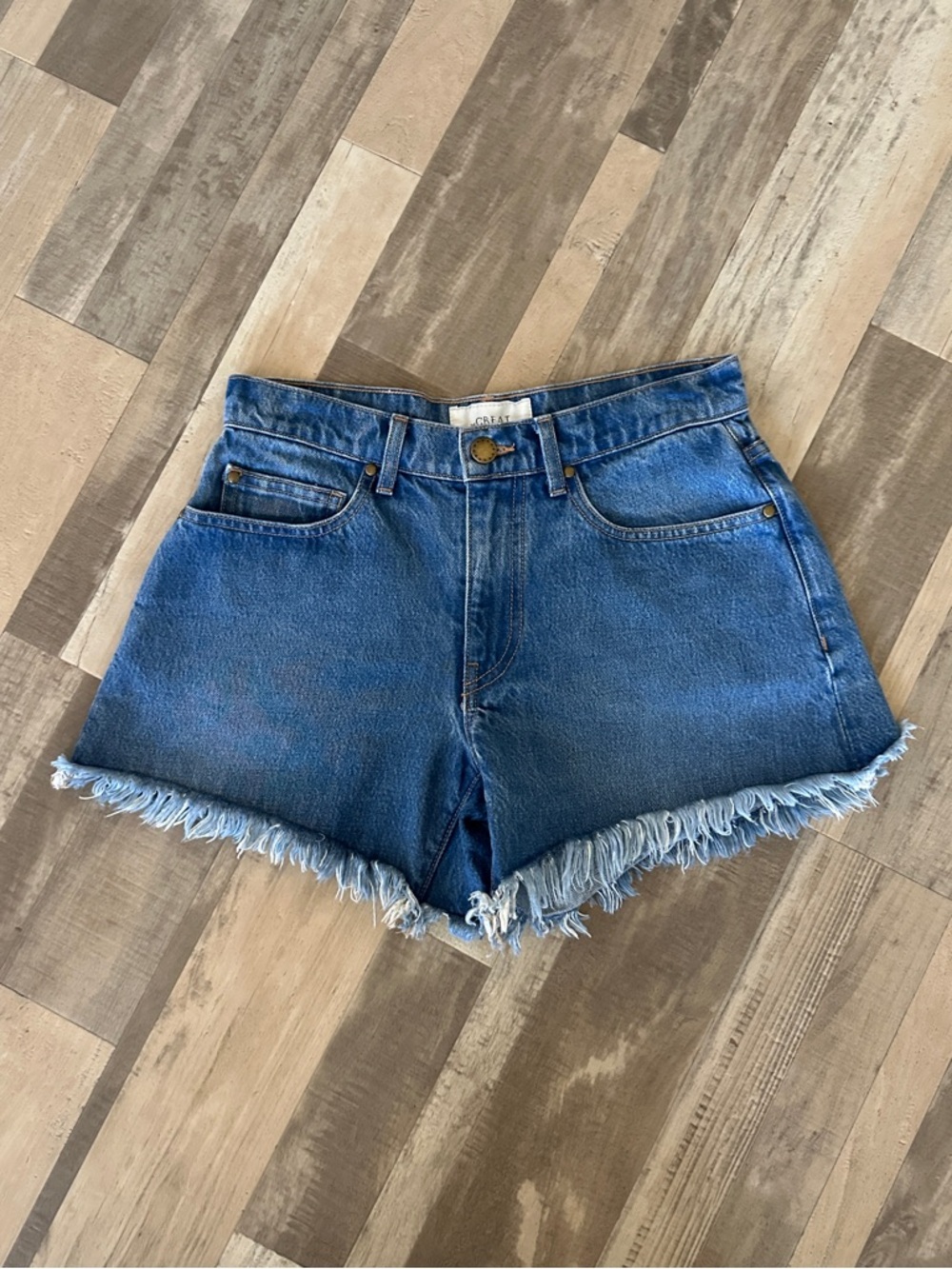 The Great High-Rise Frayed Hem Denim Shorts Women's 26
